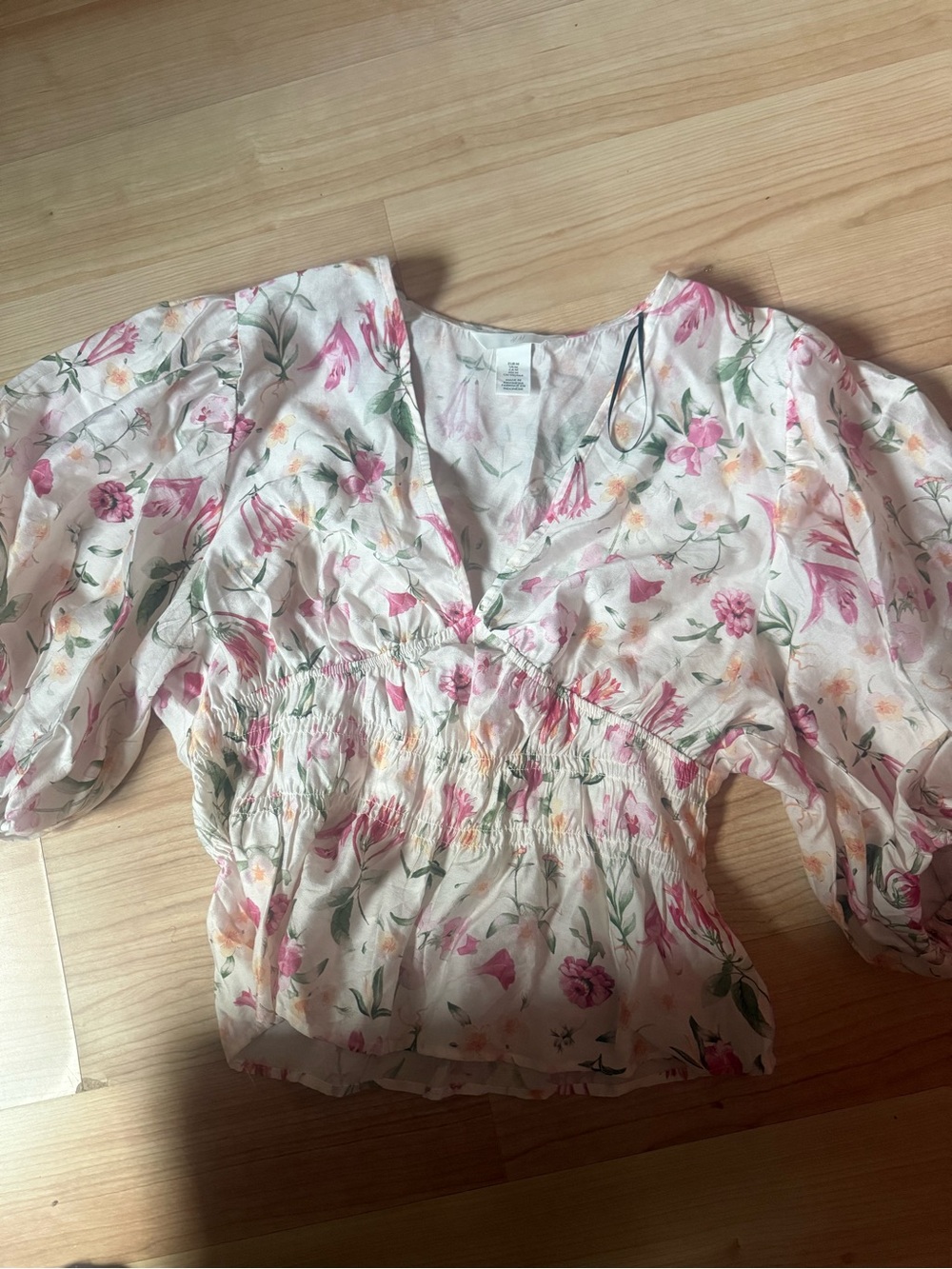 H&M Pink and Green Floral Smocked Peasant Blouse